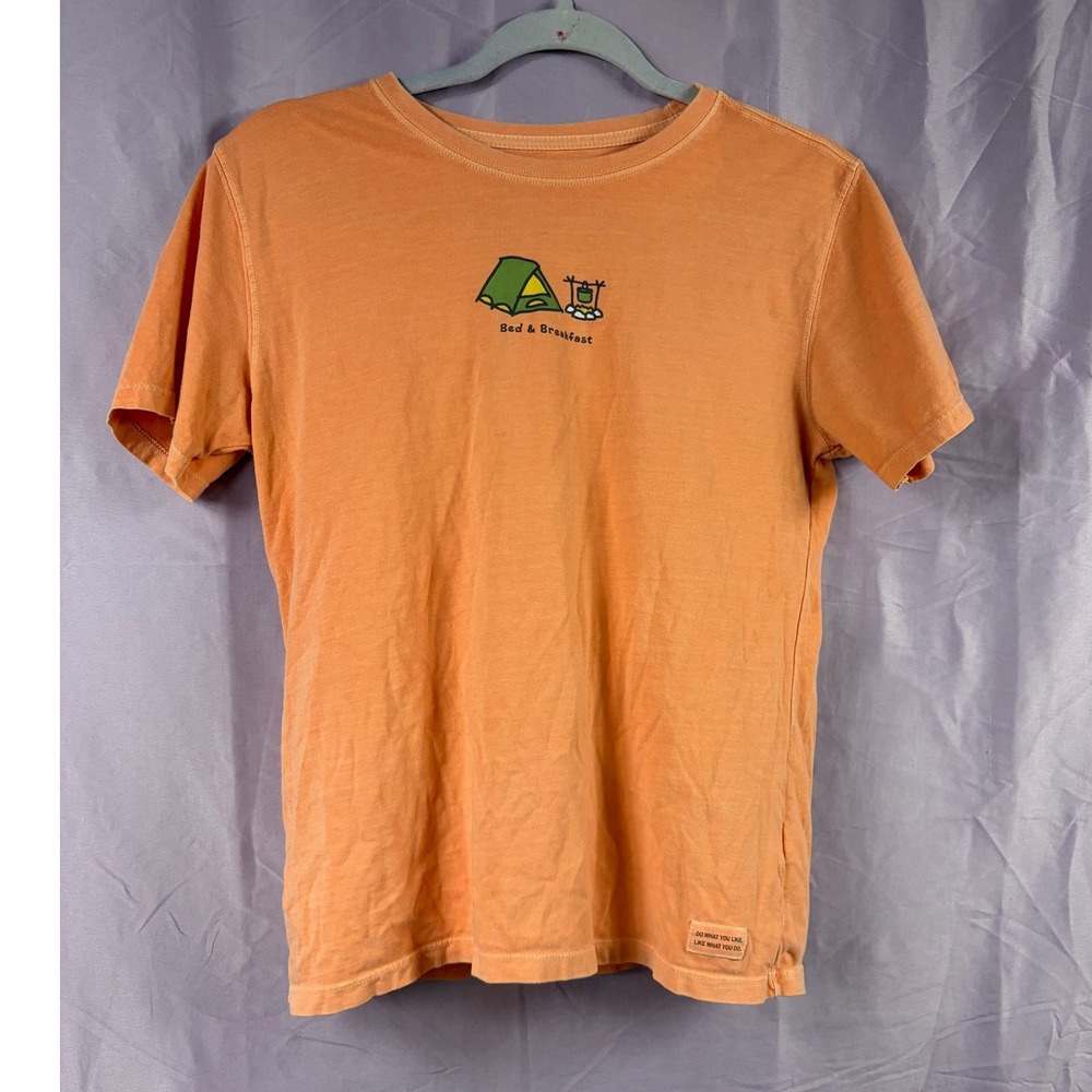 Life is Good Womens Orange Bed & Breakfast Camping Graphic T-Shirt Small